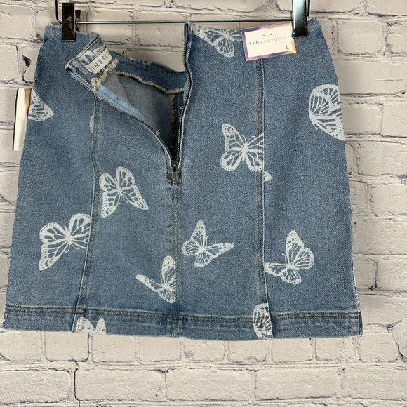 Tinseltown Women's Light Wash Butterfly Appliqué Denim Skirt, Size Large, Blue - Picture 5 of 10